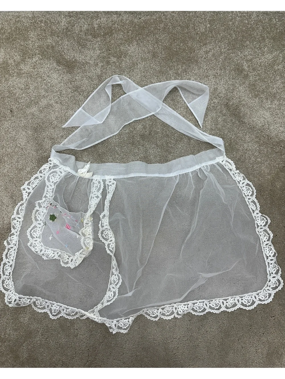 Vintage Sheer White Hostess Waist Apron 1960s Embroidered Pocket Lace Trim